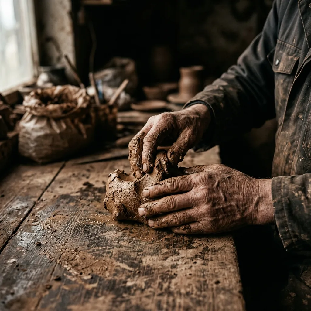 Hands working raw clay